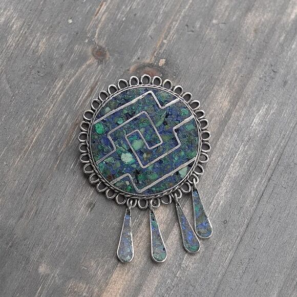 Sterling Silver Taxco Mexico Brooch/Pendant Inlay Crushed Lapis Turquoise READ - Picture 3 of 8